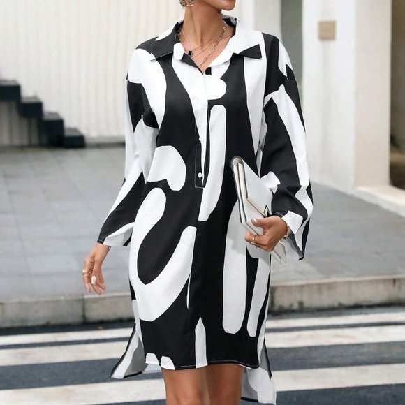 . Dresses & Skirts - Black & White Preppy Womens Graphic Print Split Hem Shirt Dress
